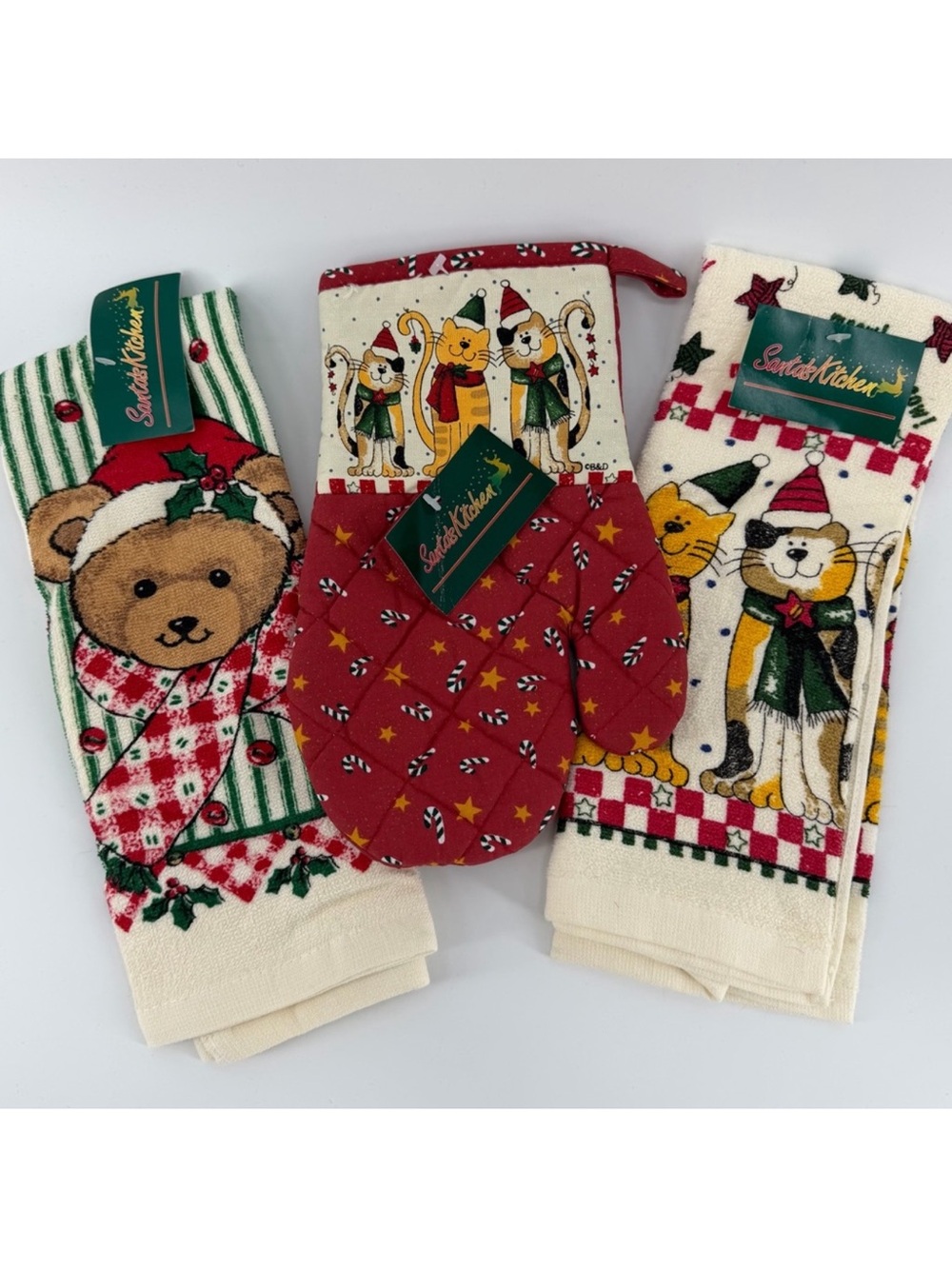 Vintage Holiday Cats Teddy Bear Two Dish Towels & Oven Mitt Set, NWT
